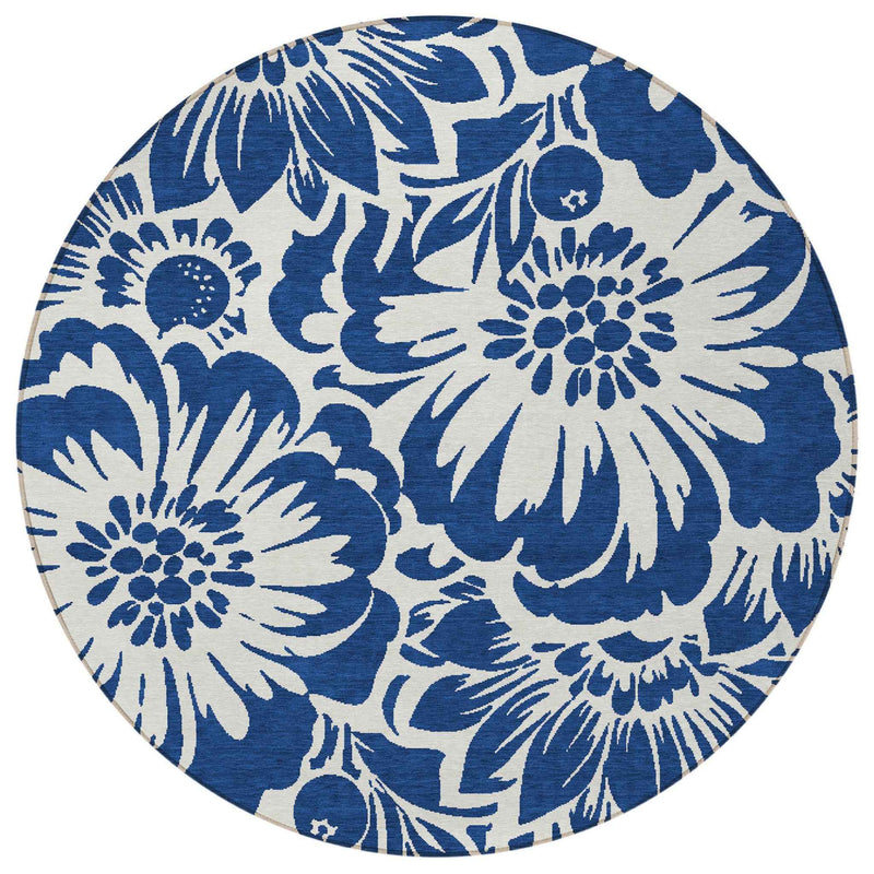 8' Round Navy and Ivory Round Floral Washable Non Skid Indoor Outdoor Area Rug