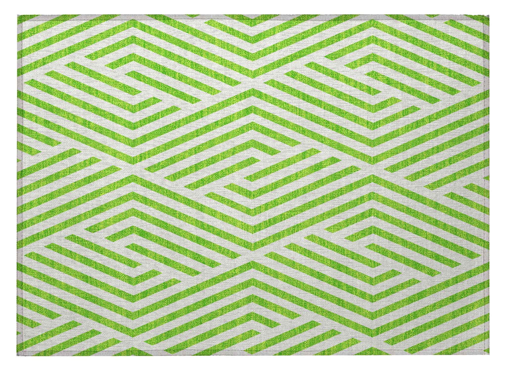 2' X 3' Lime Green and White Geometric Washable Non Skid Indoor Outdoor Area Rug