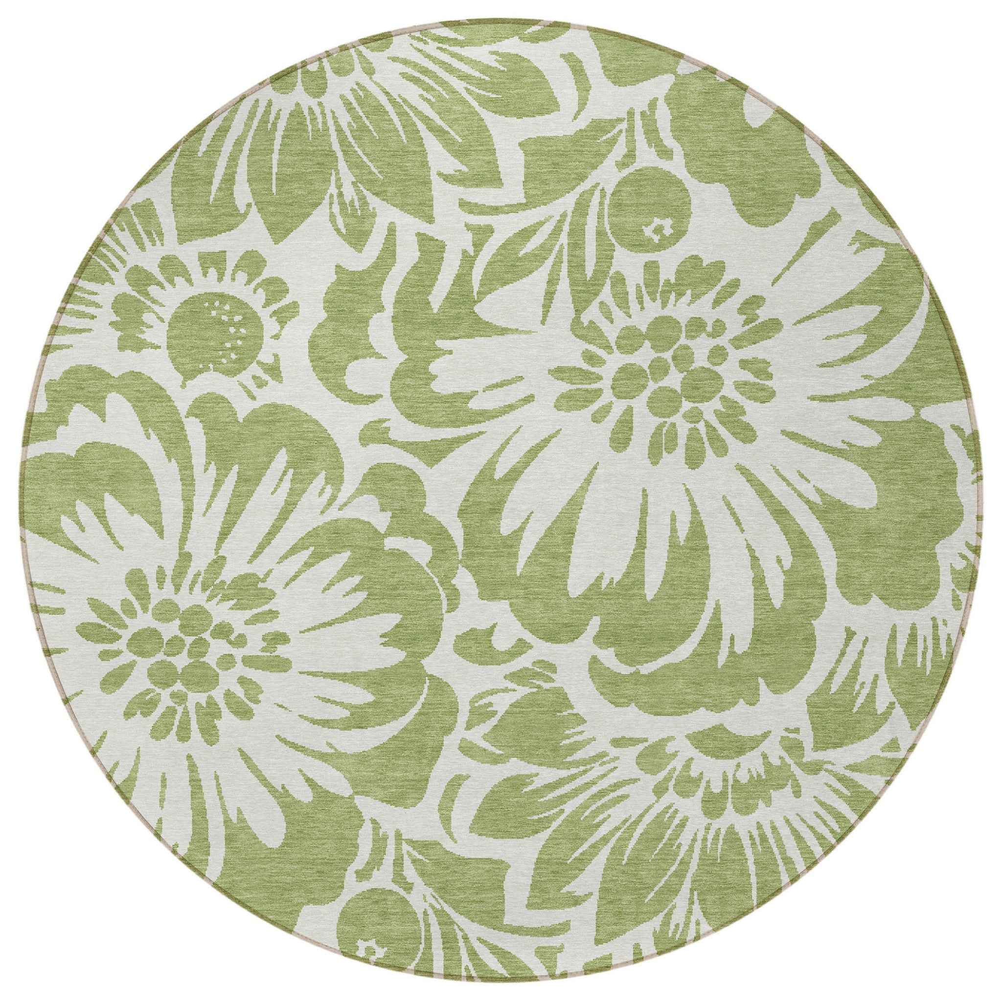 8' Round Green and Ivory Round Floral Washable Non Skid Indoor Outdoor Area Rug