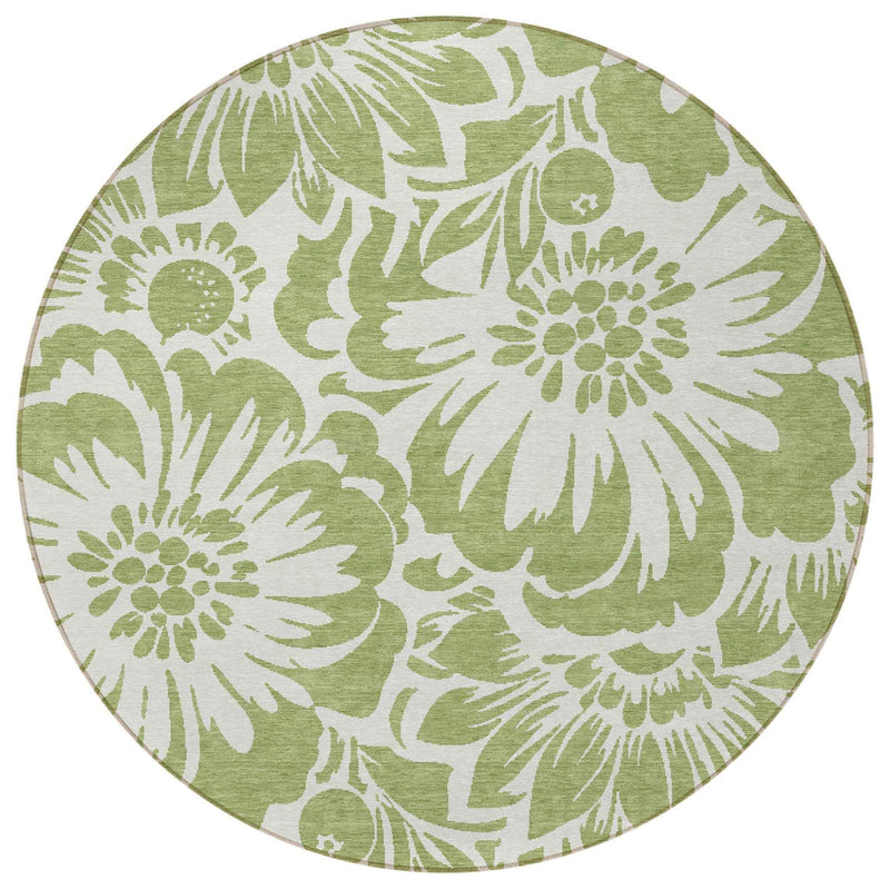 8' Round Green and Ivory Round Floral Washable Non Skid Indoor Outdoor Area Rug