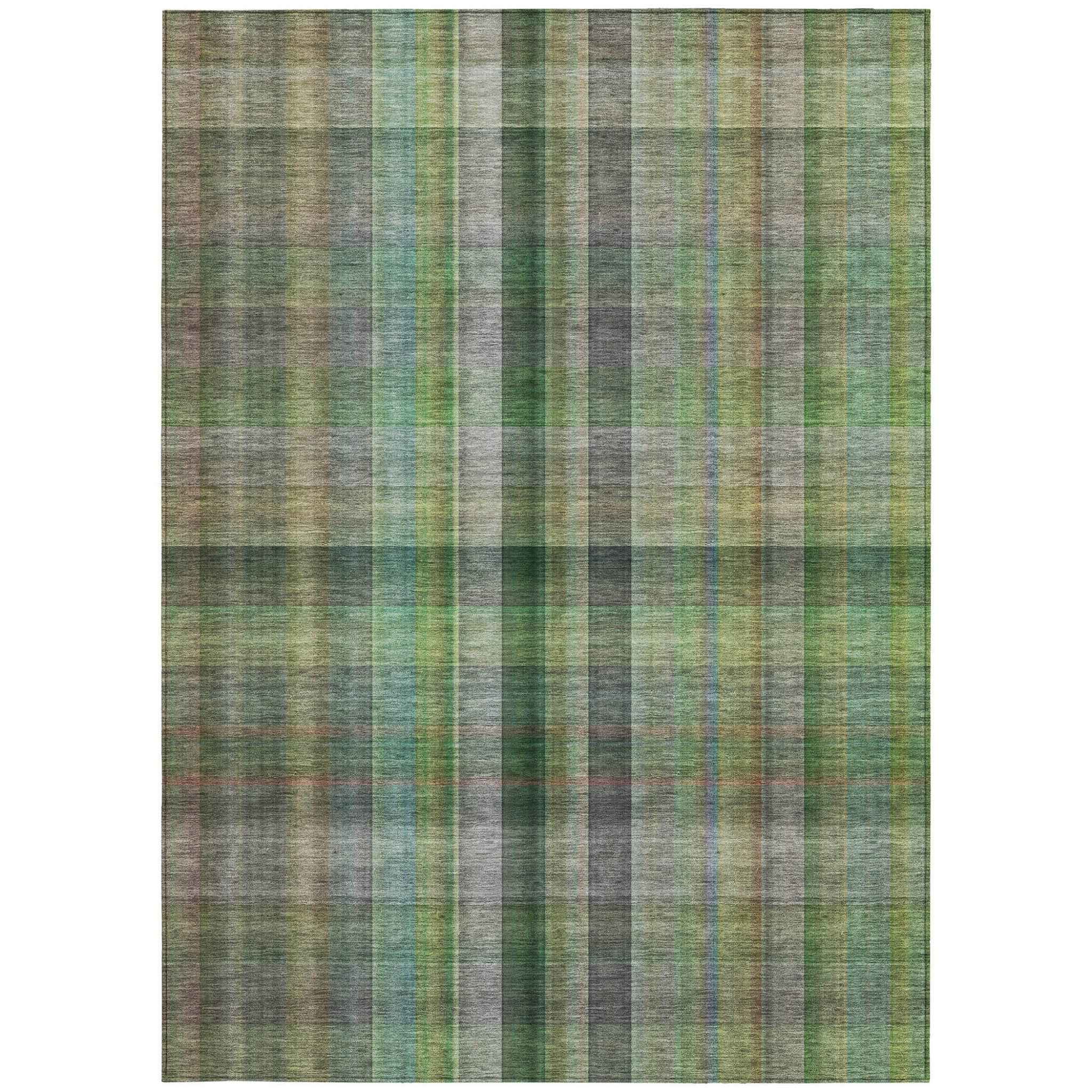 5' X 8' Green Plaid Washable Non Skid Indoor Outdoor Area Rug