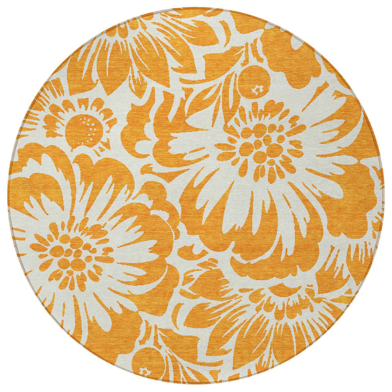 8' Round Orange and White Round Floral Washable Non Skid Indoor Outdoor Area Rug