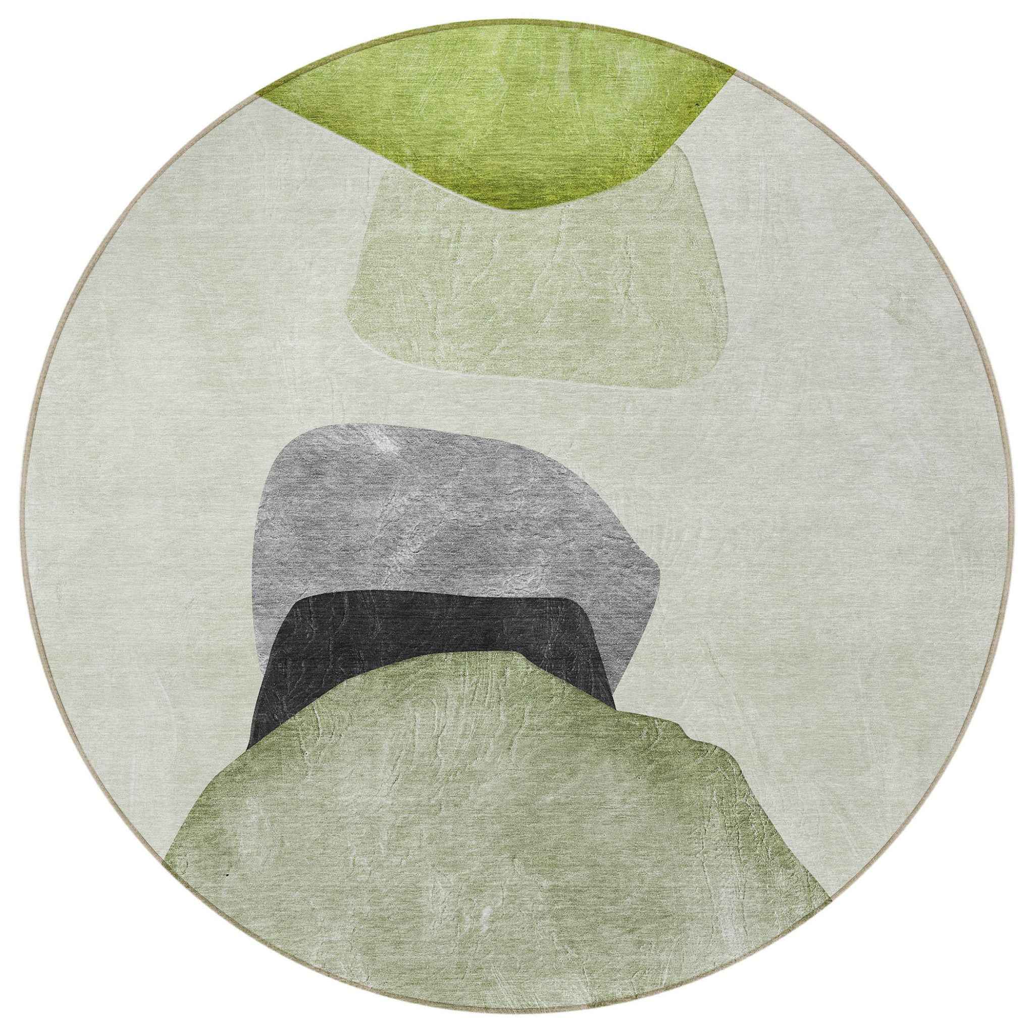 8' Round Green Black and Gray Round Abstract Washable Non Skid Indoor Outdoor Area Rug