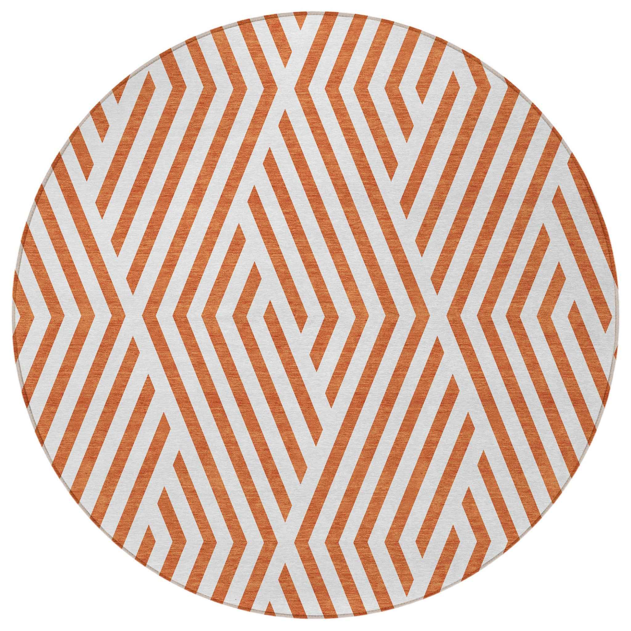 8' Round Orange and White Round Geometric Washable Non Skid Indoor Outdoor Area Rug