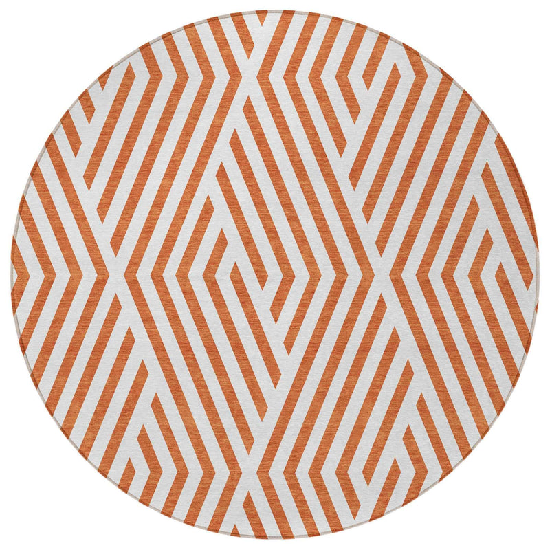 8' Round Orange and White Round Geometric Washable Non Skid Indoor Outdoor Area Rug