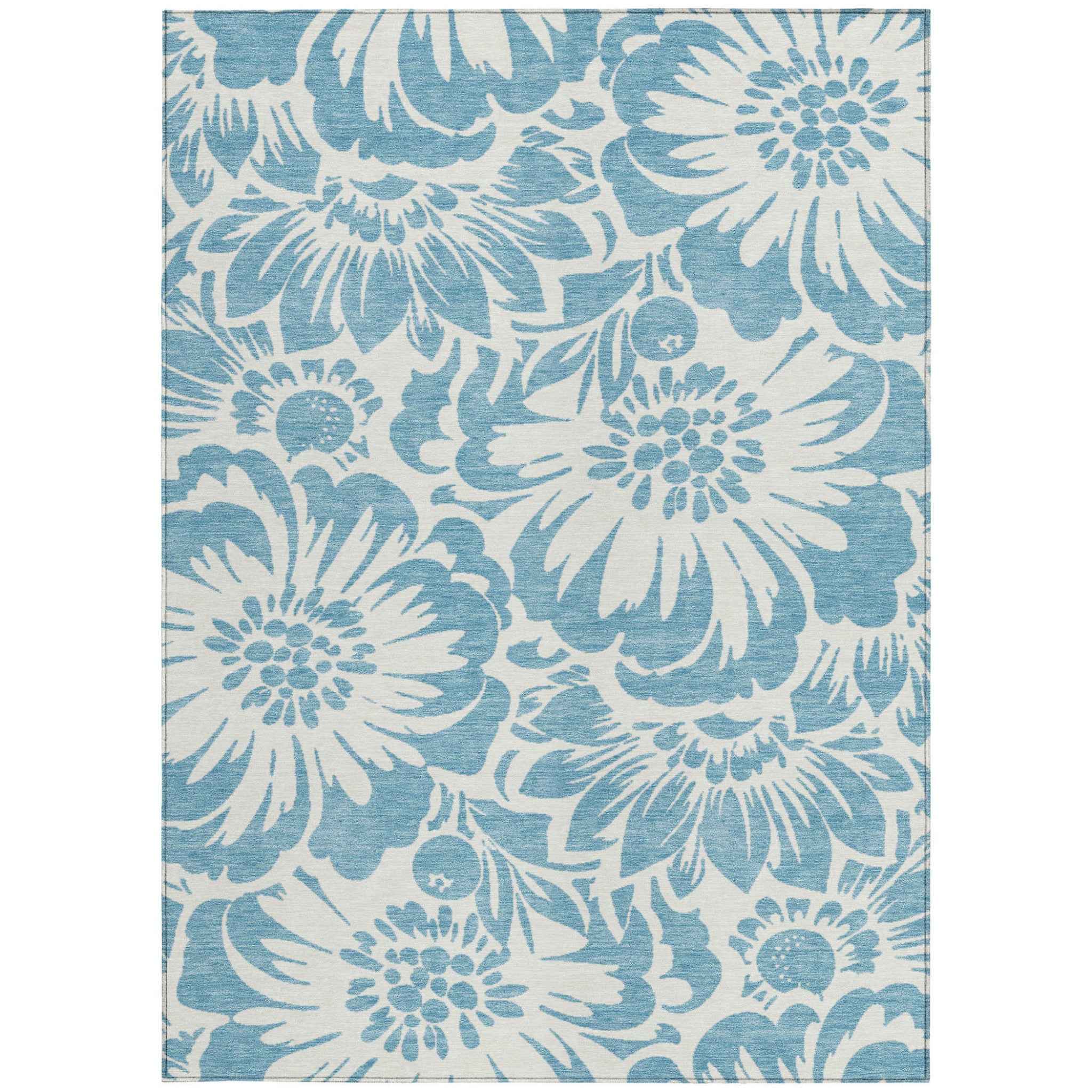 3' X 5' Denim and Ivory Floral Washable Non Skid Indoor Outdoor Area Rug