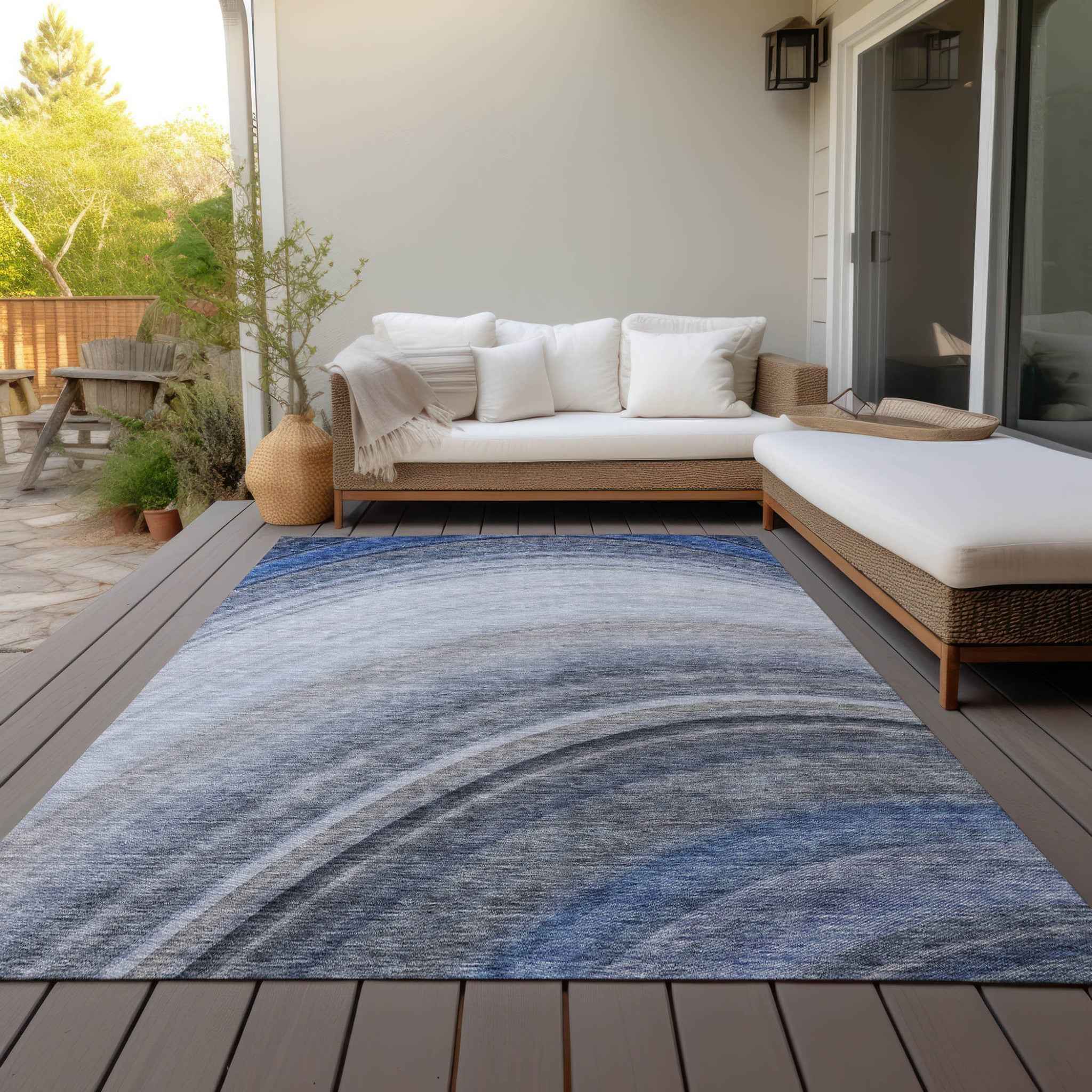 3' X 5' Denim Blue And Navy Blue Abstract Washable Indoor Outdoor Area Rug