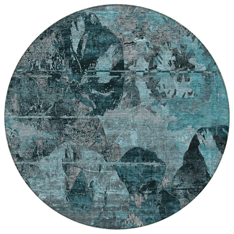 8' Round Teal and Gray Round Floral Washable Non Skid Indoor Outdoor Area Rug