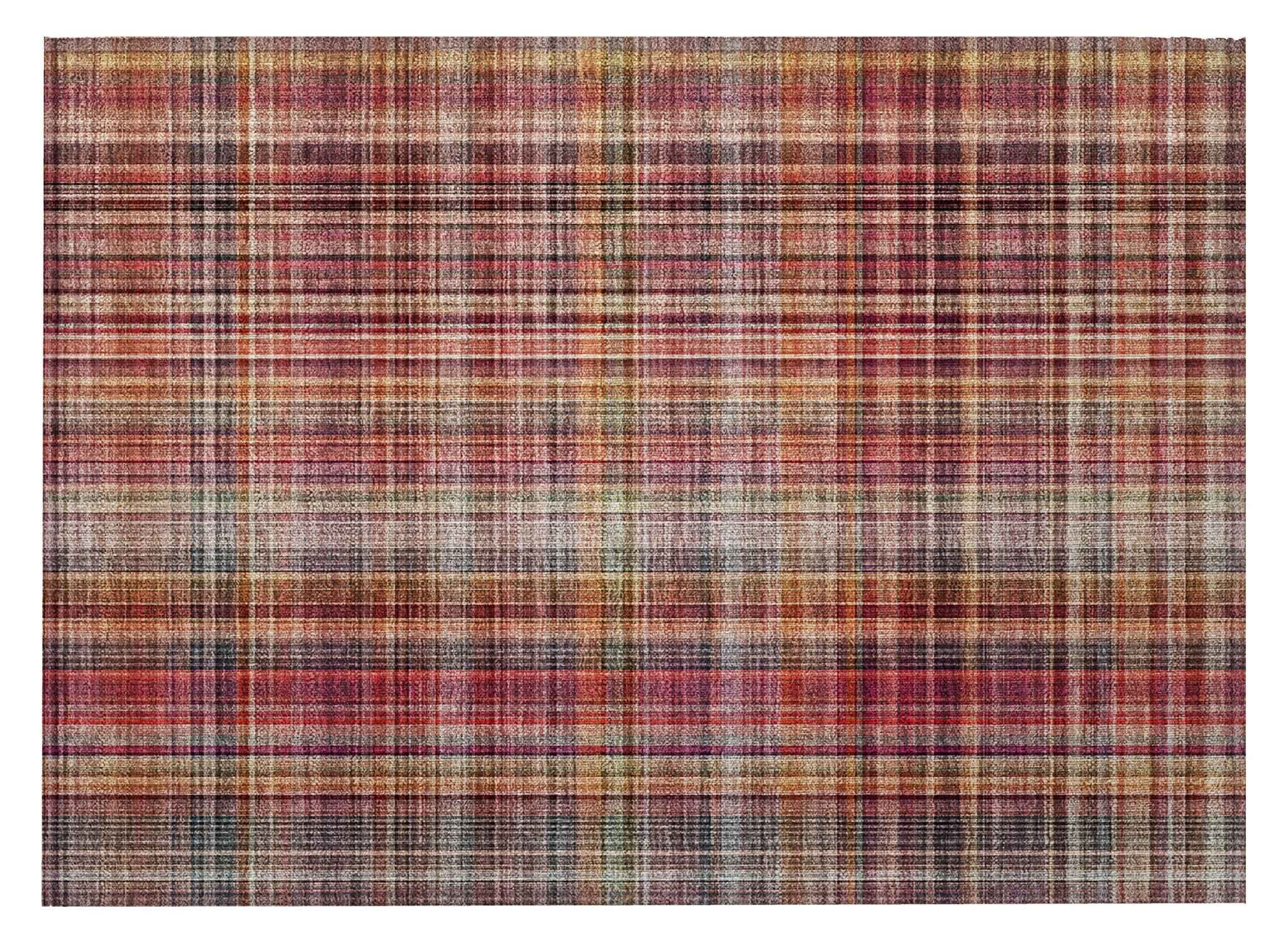2' X 3' Red Orange and Brown Plaid Washable Non Skid Indoor Outdoor Area Rug