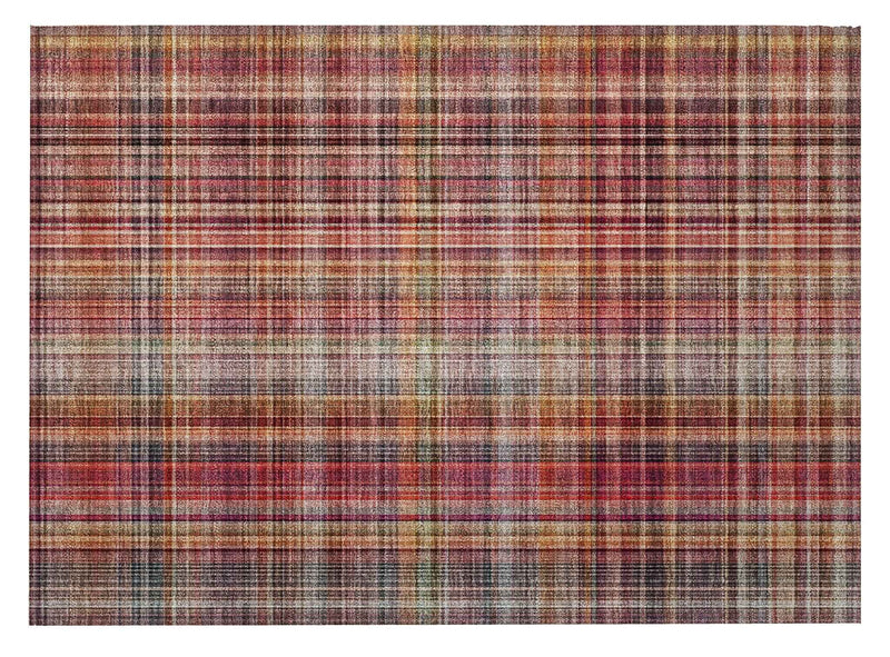 2' X 3' Red Orange and Brown Plaid Washable Non Skid Indoor Outdoor Area Rug