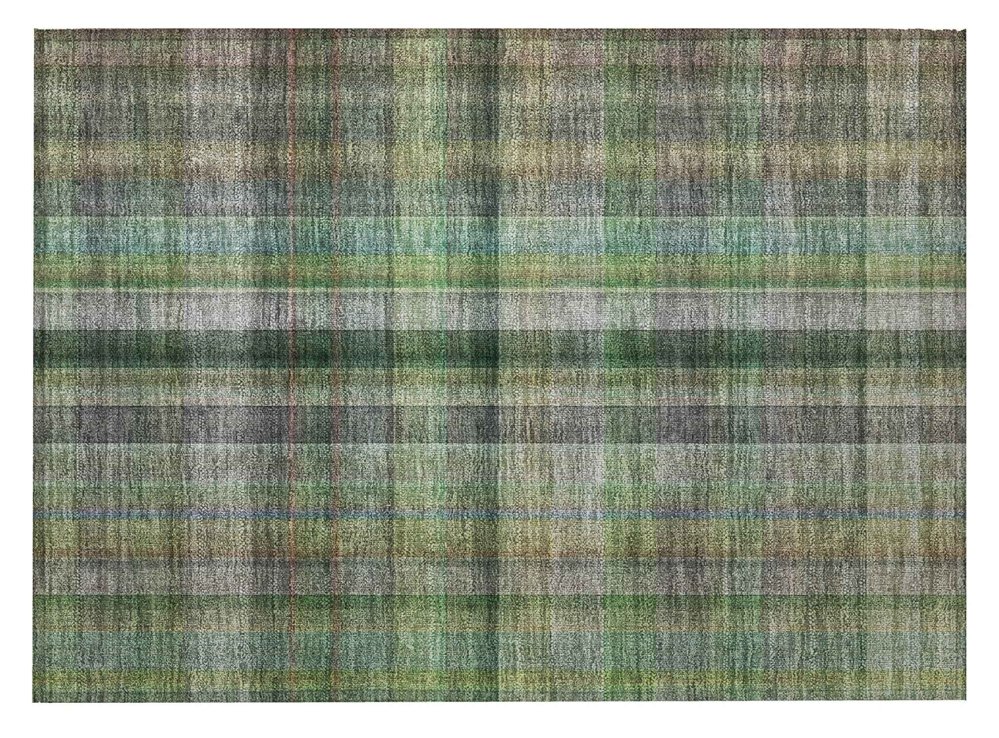2' X 3' Green Beige and Gray Plaid Washable Non Skid Indoor Outdoor Area Rug