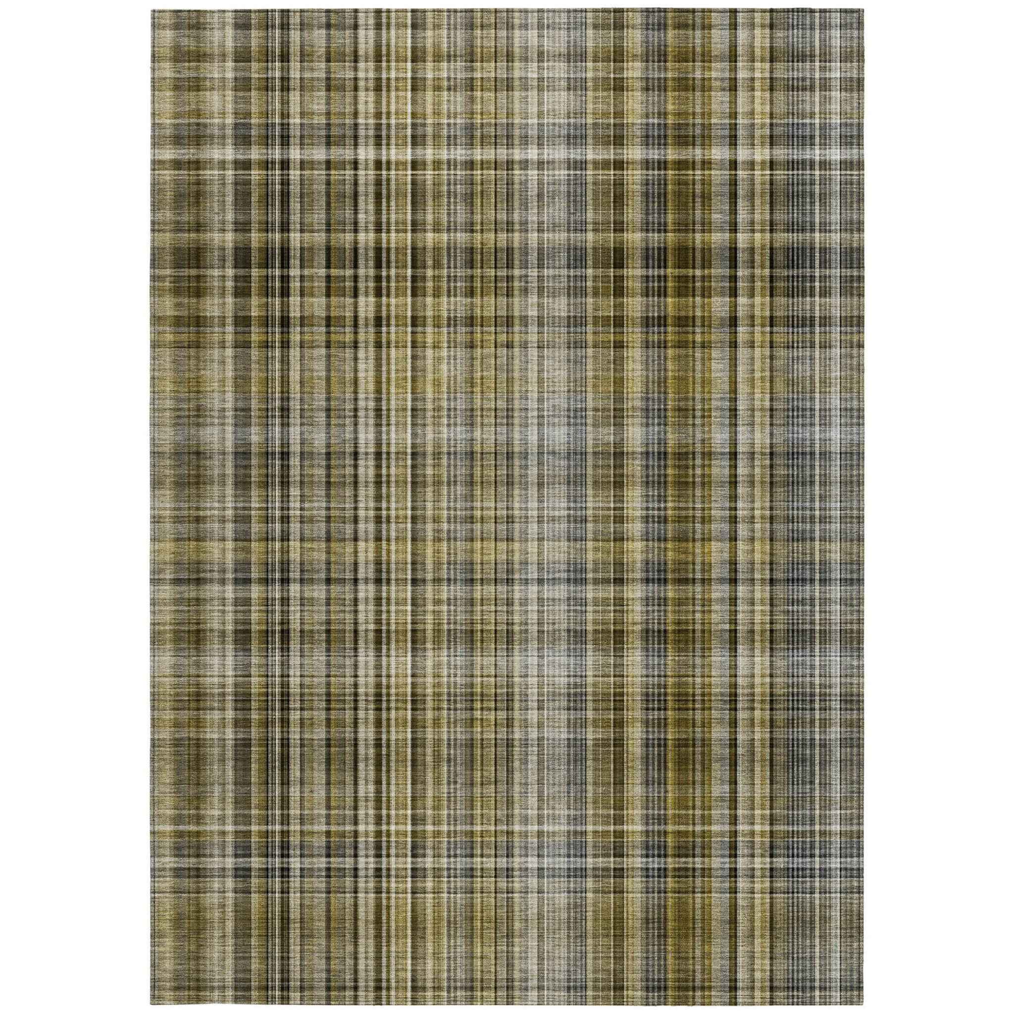 3' X 5' Green Beige and Gray Plaid Washable Non Skid Indoor Outdoor Area Rug