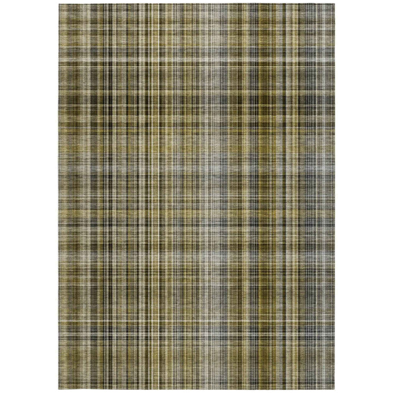 3' X 5' Green Beige and Gray Plaid Washable Non Skid Indoor Outdoor Area Rug