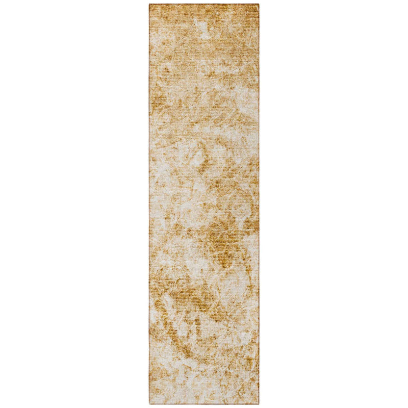 8' Runner Cream and Gold Abstract Washable Non Skid Indoor Outdoor Runner Rug