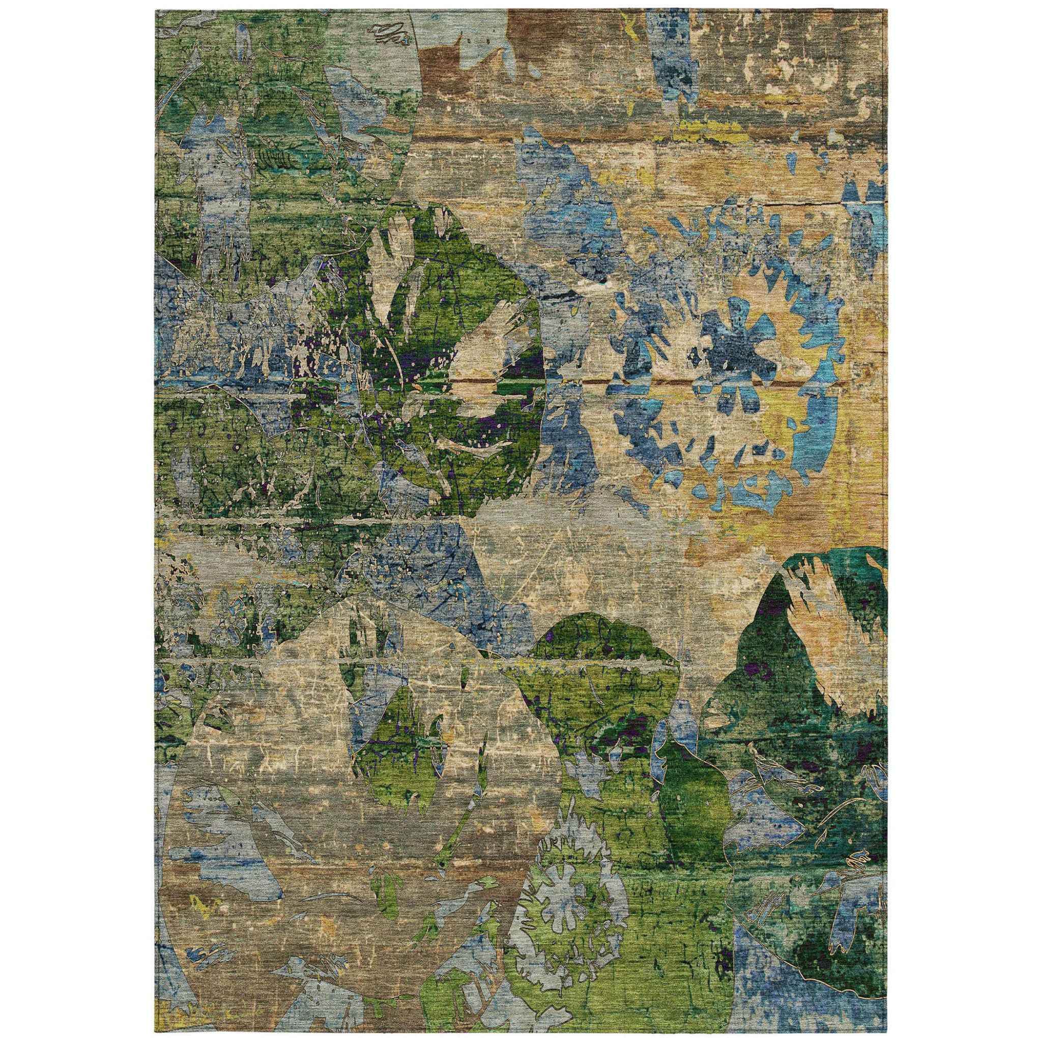 8' X 10' Taupe Blue and Green Floral Washable Non Skid Indoor Outdoor Area Rug