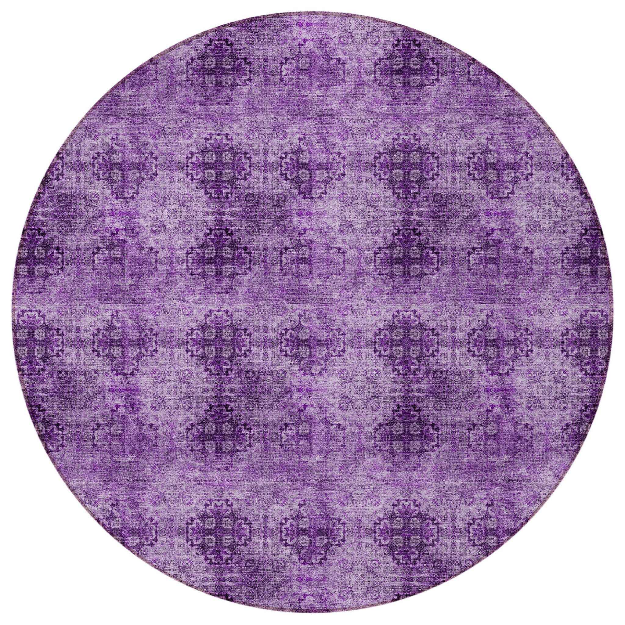 8' Round Eggplant Round Floral Medallion Washable Non Skid Indoor Outdoor Area Rug