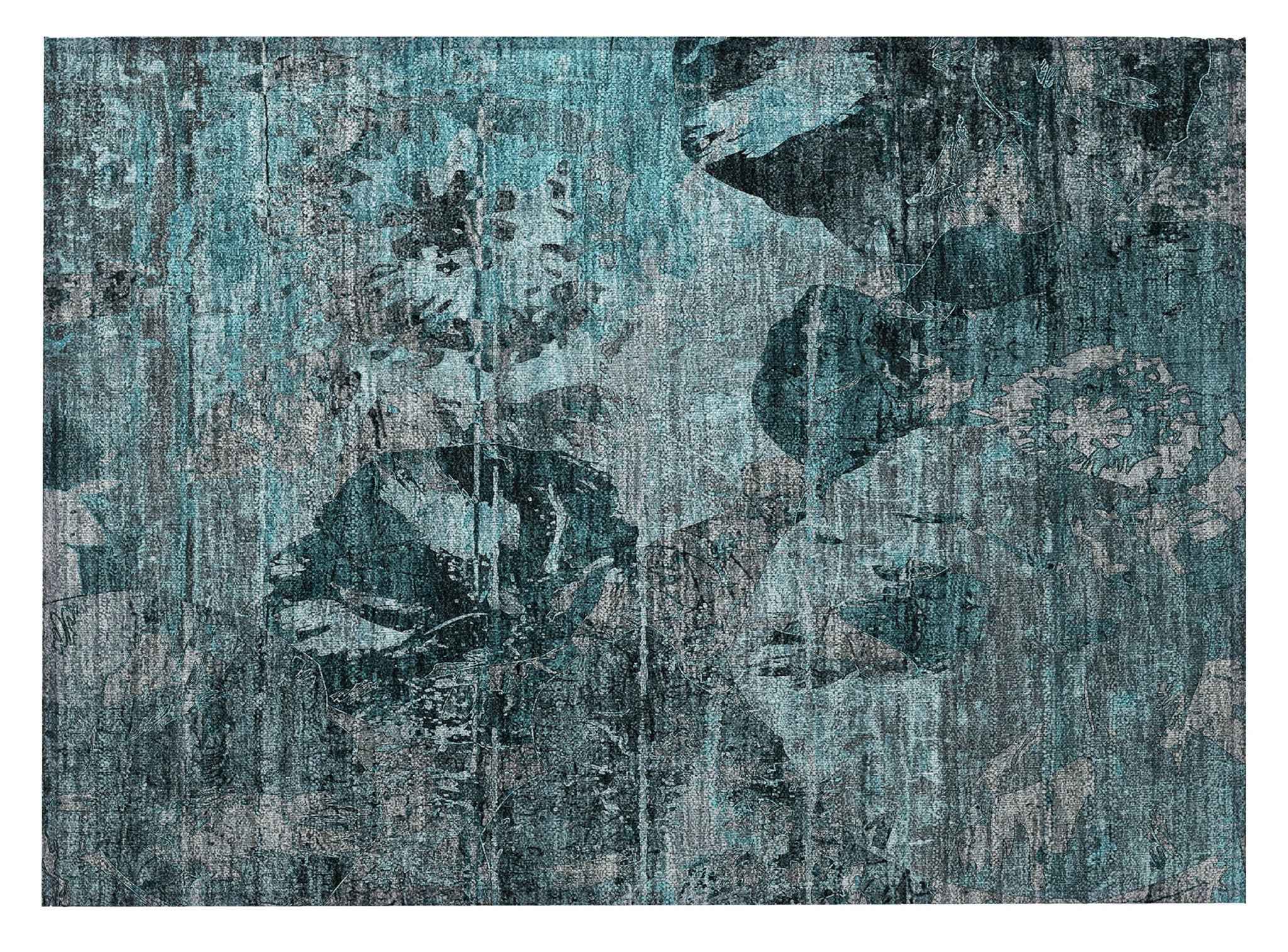 2' X 3' Teal and Gray Floral Washable Non Skid Indoor Outdoor Area Rug