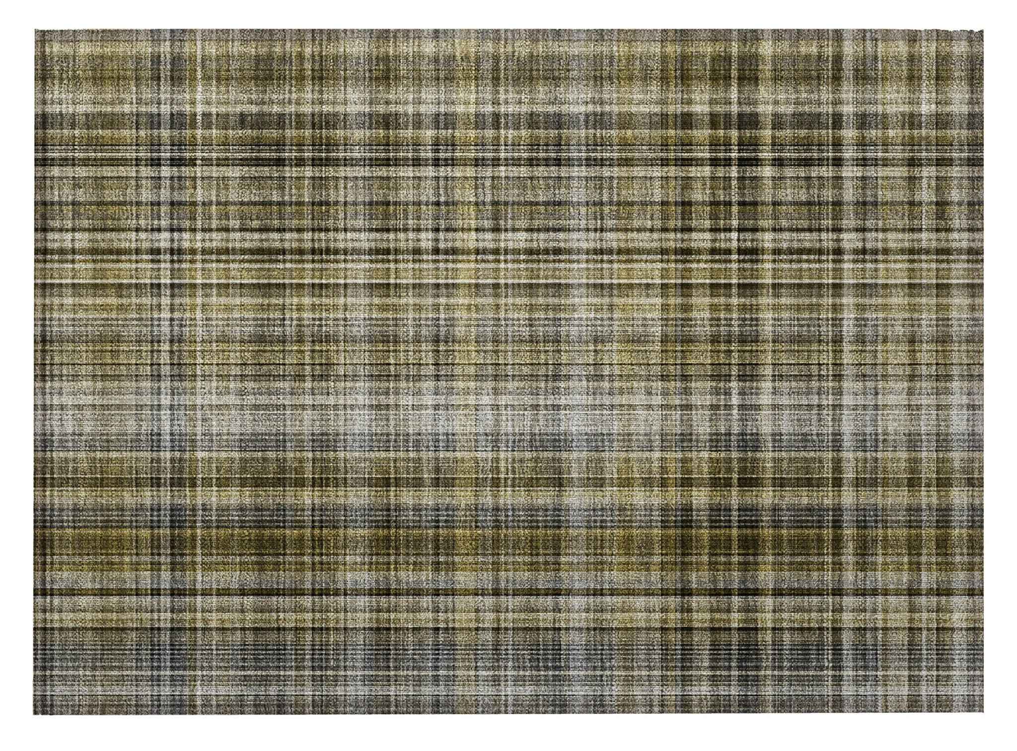 2' X 3' Green Beige and Gray Plaid Washable Non Skid Indoor Outdoor Area Rug