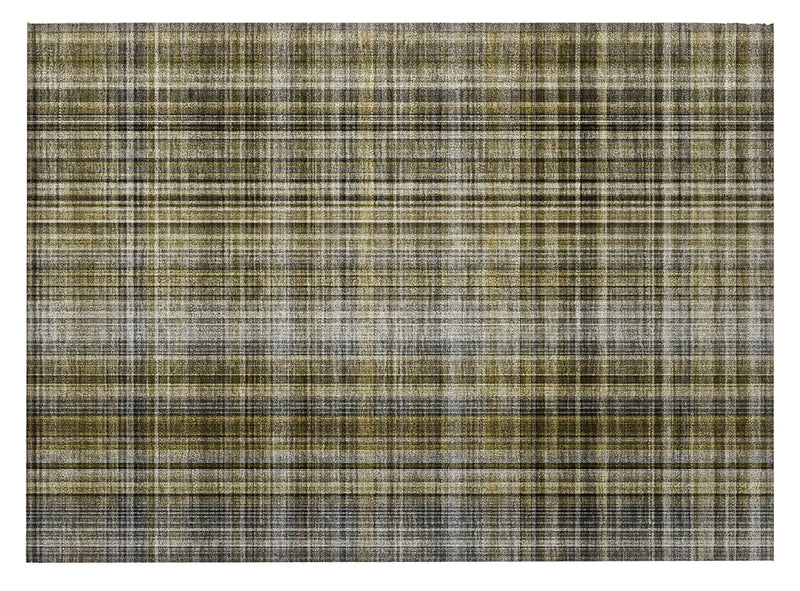 2' X 3' Green Beige and Gray Plaid Washable Non Skid Indoor Outdoor Area Rug