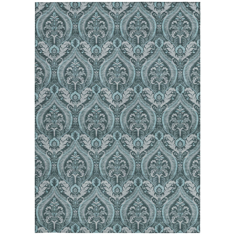 9' X 12' Teal Damask Washable Non Skid Indoor Outdoor Area Rug - GreatEagleInc
