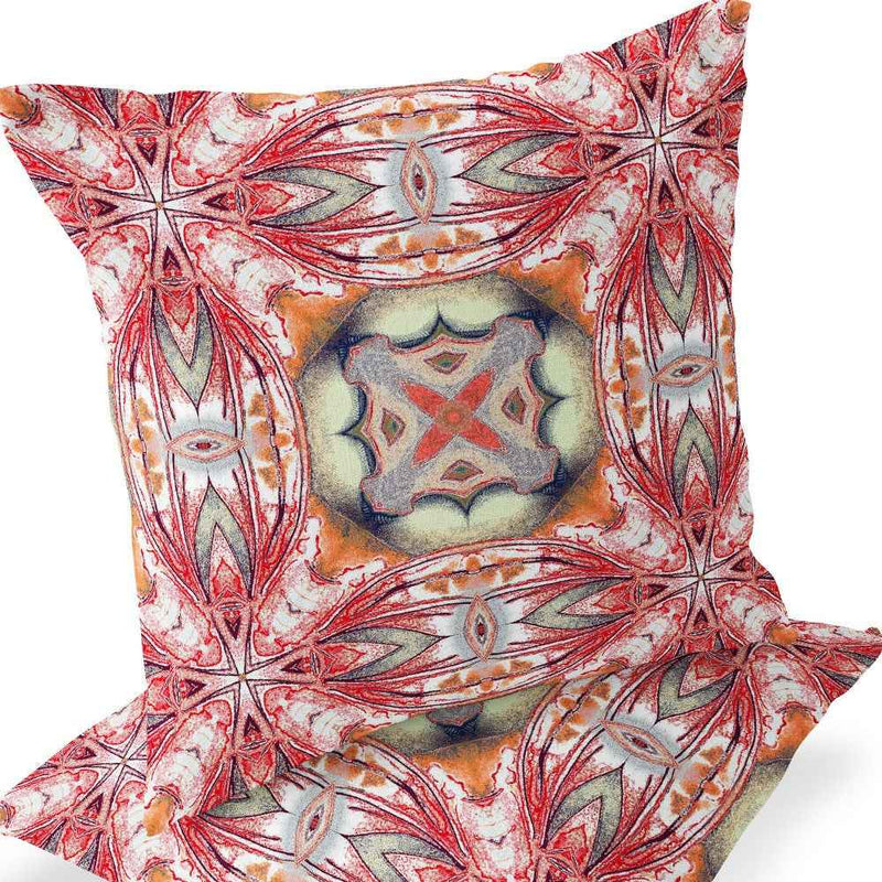 Set of Two 16" X 16" Green and Red Blown Seam Floral Indoor Outdoor Throw Pillow
