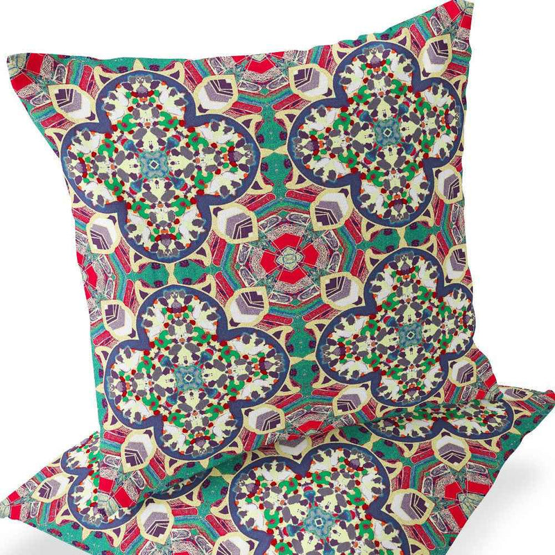 Set of Two 16" X 16" Green and Pink Blown Seam Floral Indoor Outdoor Throw Pillow