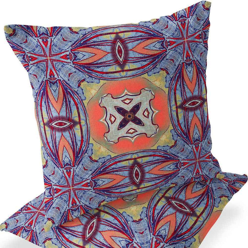 Set of Two 16" X 16" Blue and Purple Blown Seam Floral Indoor Outdoor Throw Pillow