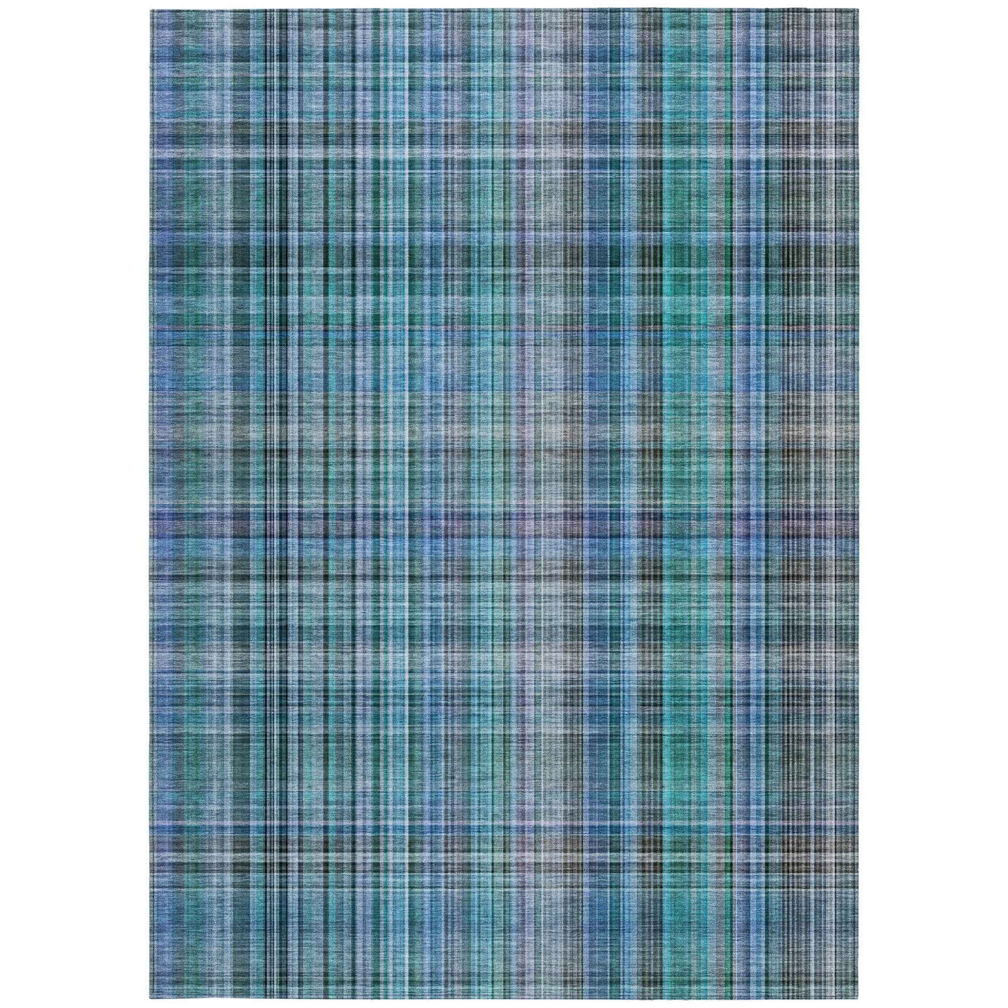 3' X 5' Blue Teal and Gray Plaid Washable Non Skid Indoor Outdoor Area Rug