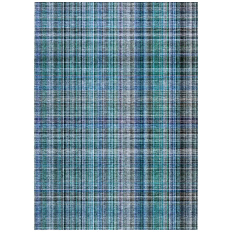 3' X 5' Blue Teal and Gray Plaid Washable Non Skid Indoor Outdoor Area Rug