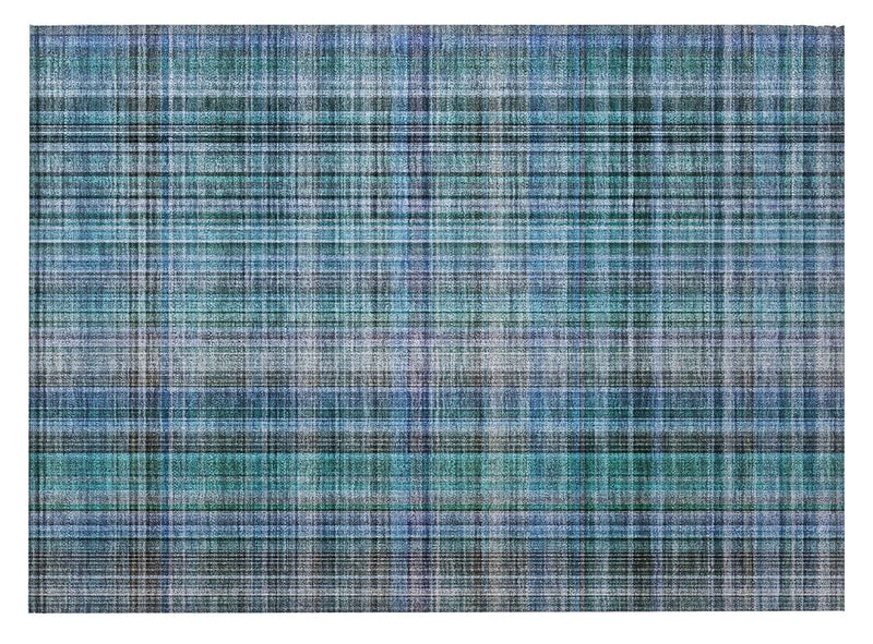 2' X 3' Blue Teal and Gray Plaid Washable Non Skid Indoor Outdoor Area Rug