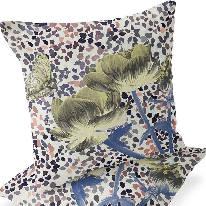 Set of Two 16" X 16" Blue and Yellow Butterfly Blown Seam Floral Indoor Outdoor Throw Pillow