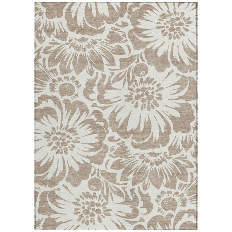3' X 5' Taupe and Ivory Floral Washable Non Skid Indoor Outdoor Area Rug