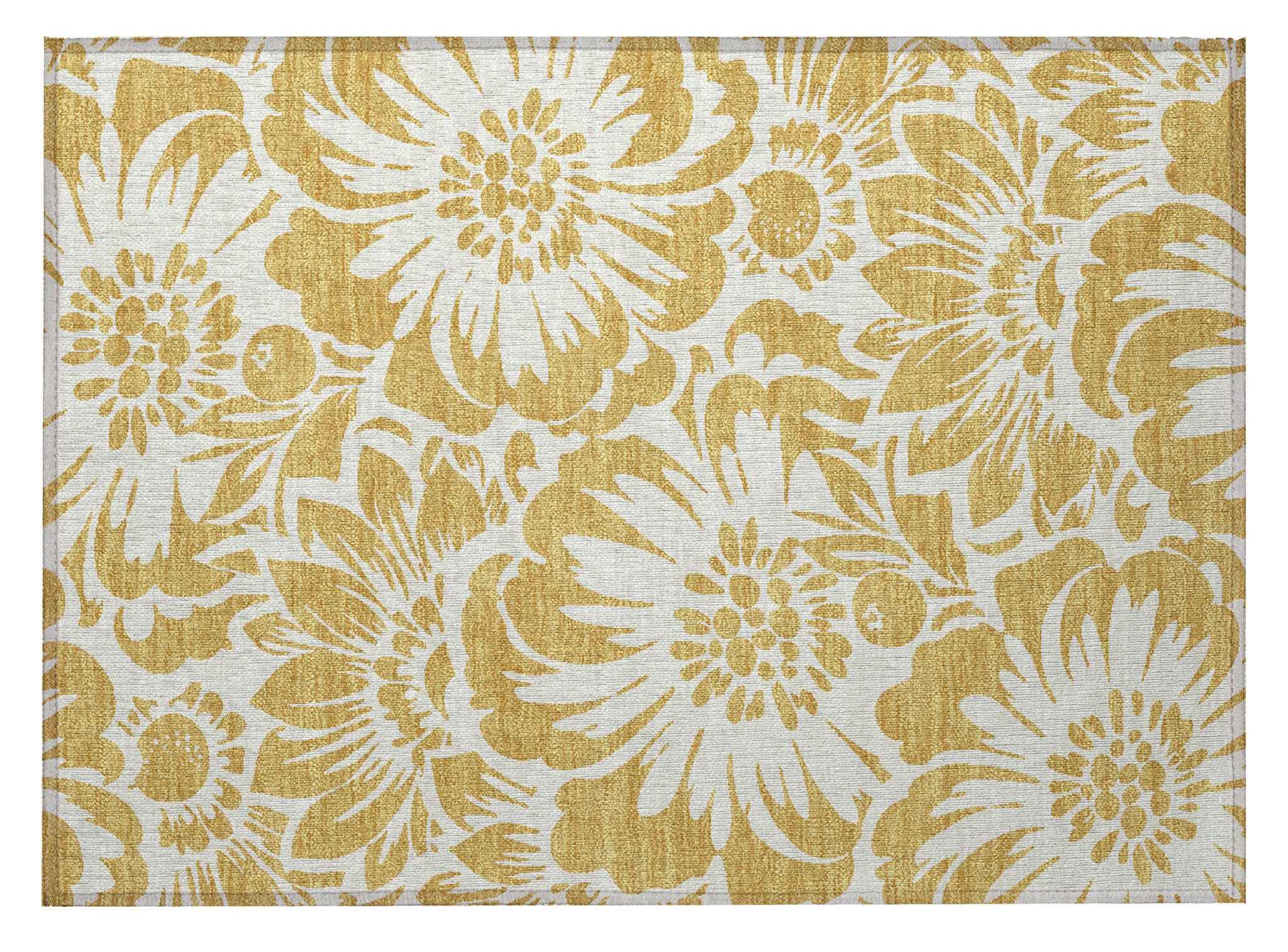 2' X 3' Gold and White Floral Washable Non Skid Indoor Outdoor Area Rug