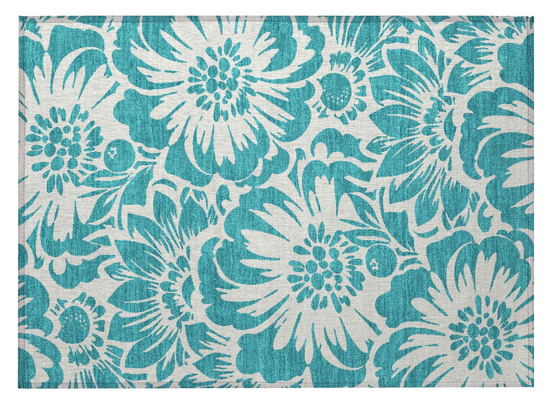 2' X 3' Teal and Ivory Floral Washable Non Skid Indoor Outdoor Area Rug