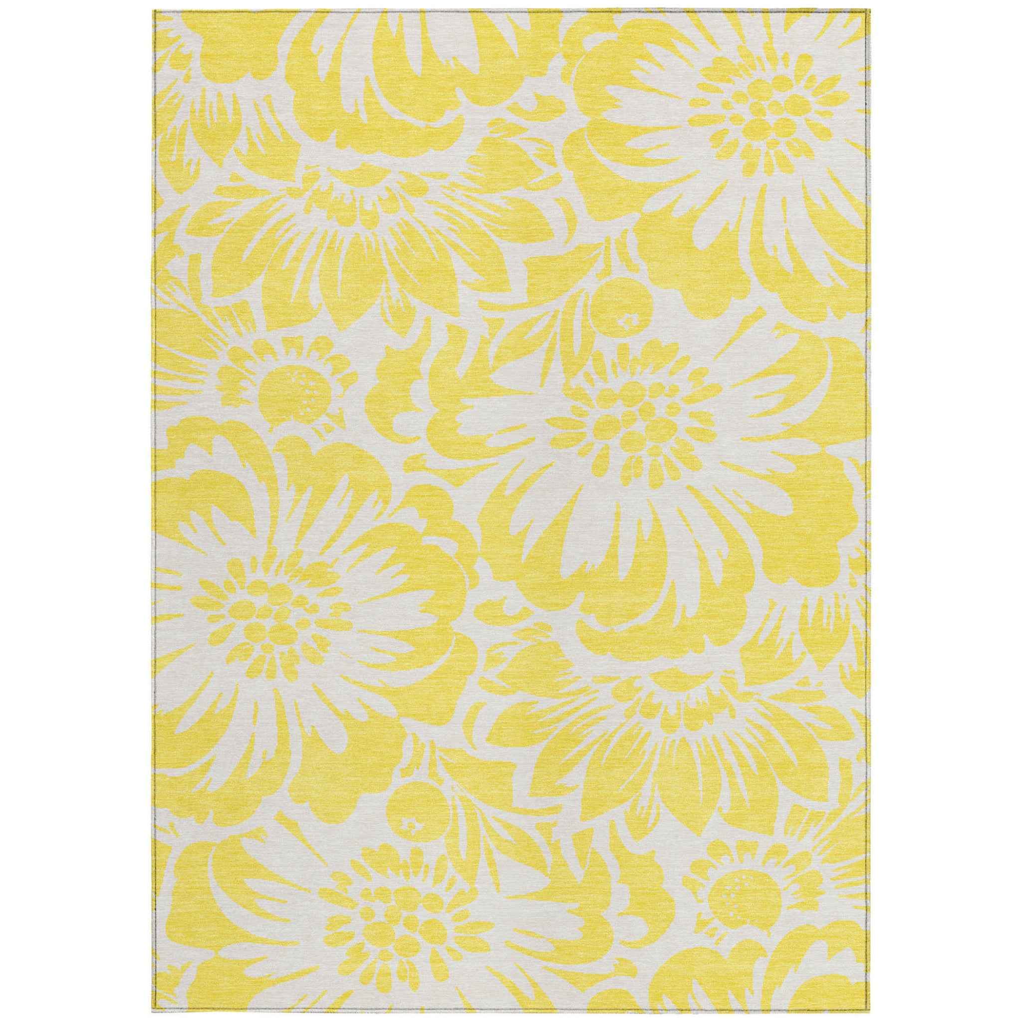 3' X 5' Yellow and Ivory Floral Washable Non Skid Indoor Outdoor Area Rug