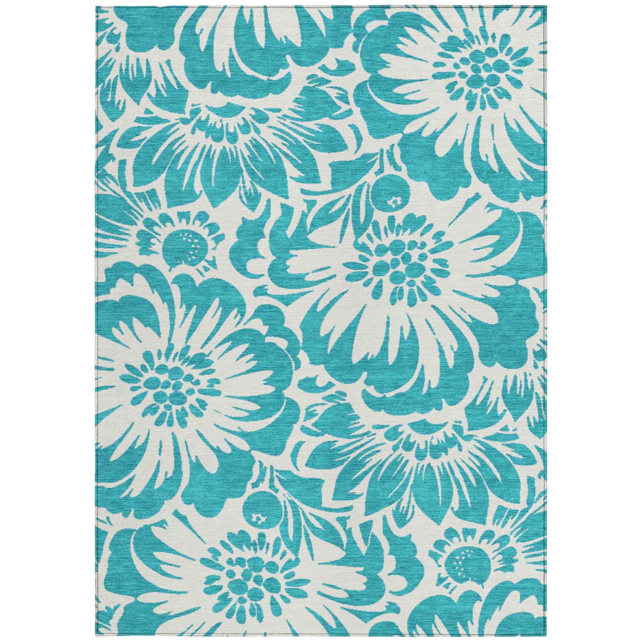 3' X 5' Teal and Ivory Floral Washable Non Skid Indoor Outdoor Area Rug