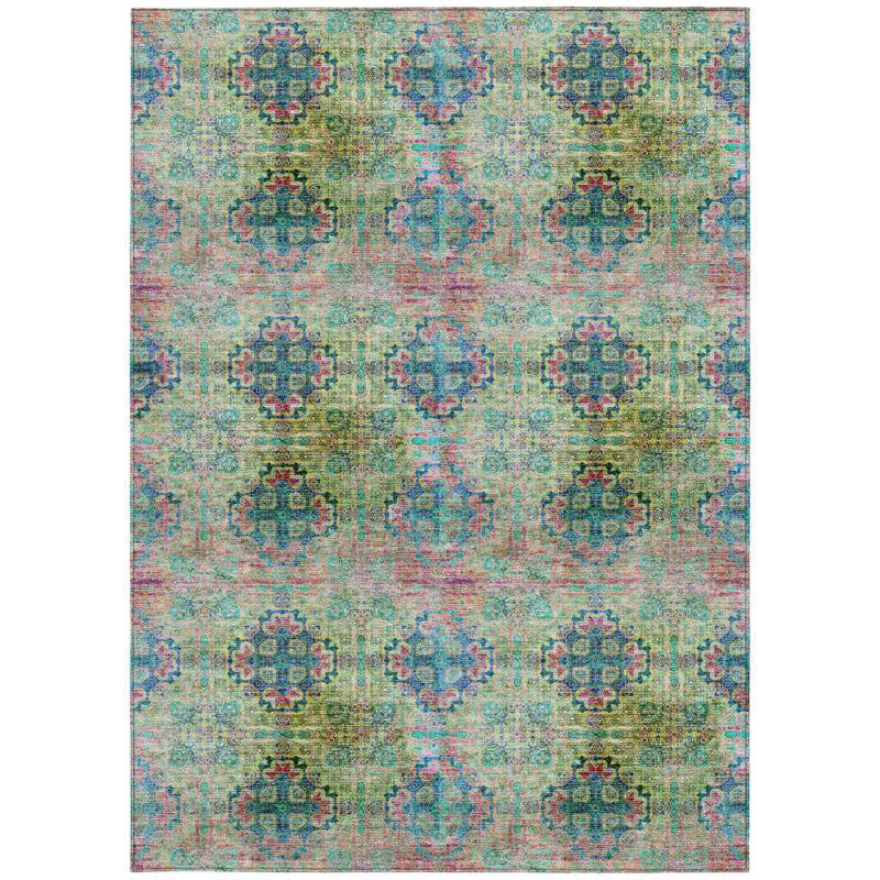 3' X 5' Blue and Green Floral Medallion Washable Non Skid Indoor Outdoor Area Rug