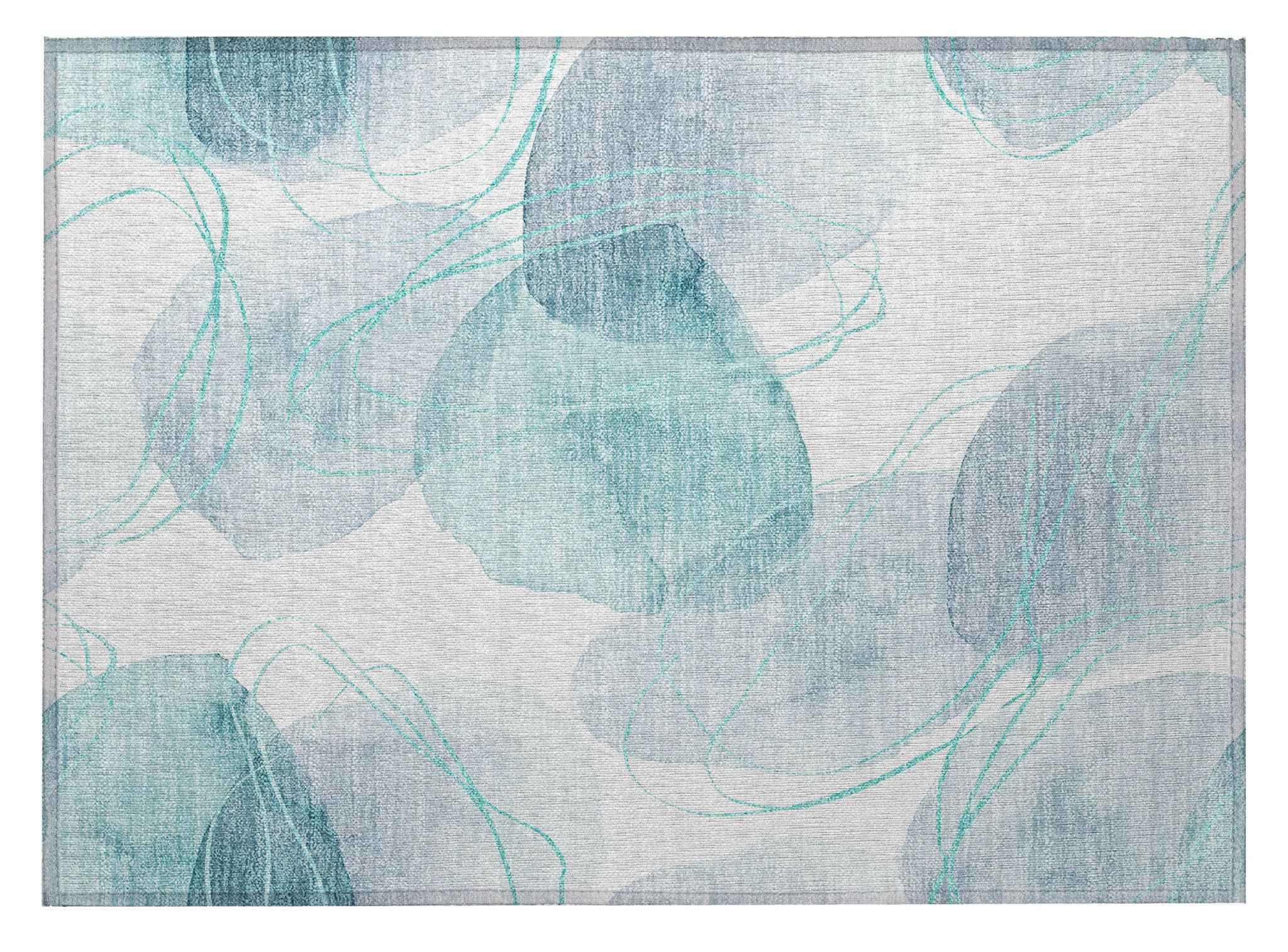 2' X 3' Teal and Ivory Abstract Washable Non Skid Indoor Outdoor Area Rug