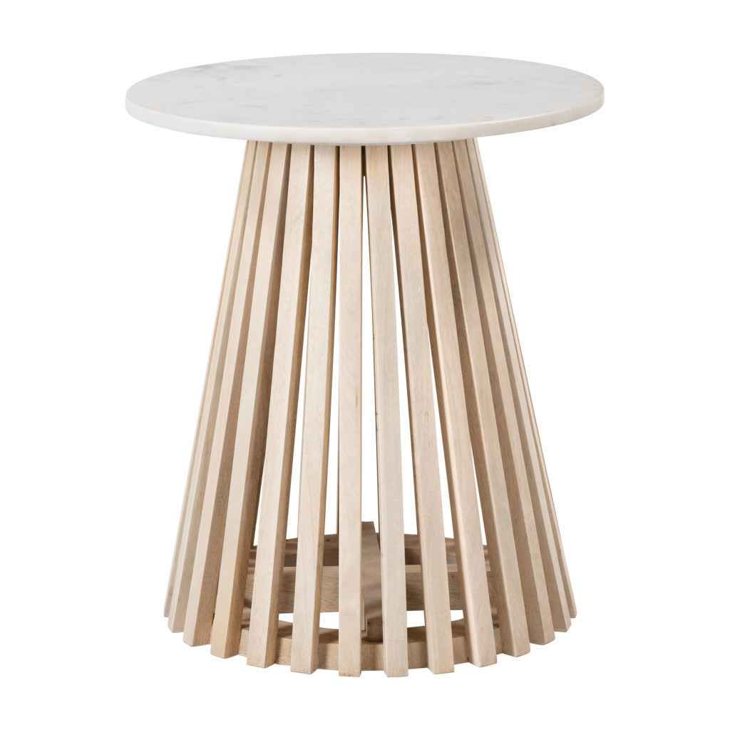 20" White and Natural Distressed Marble and Solid Wood Round Pedestal End Table