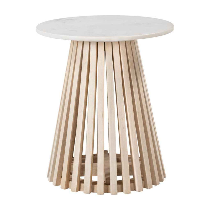 20" White and Natural Distressed Marble and Solid Wood Round Pedestal End Table