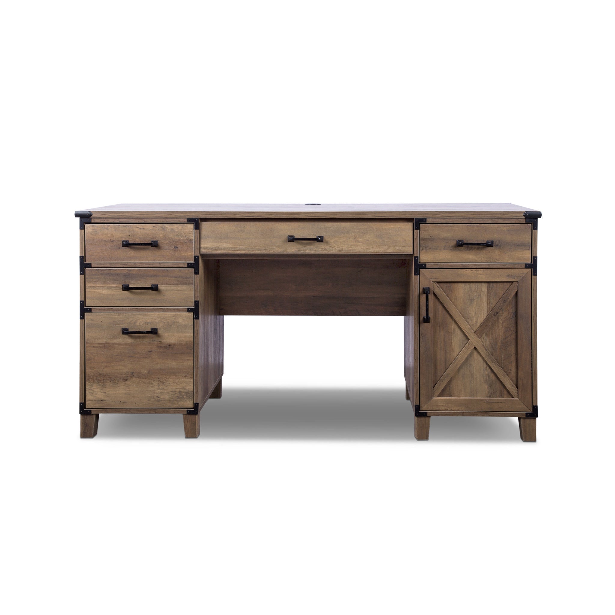 59" Natural Wood Executive Desk With Five Drawers