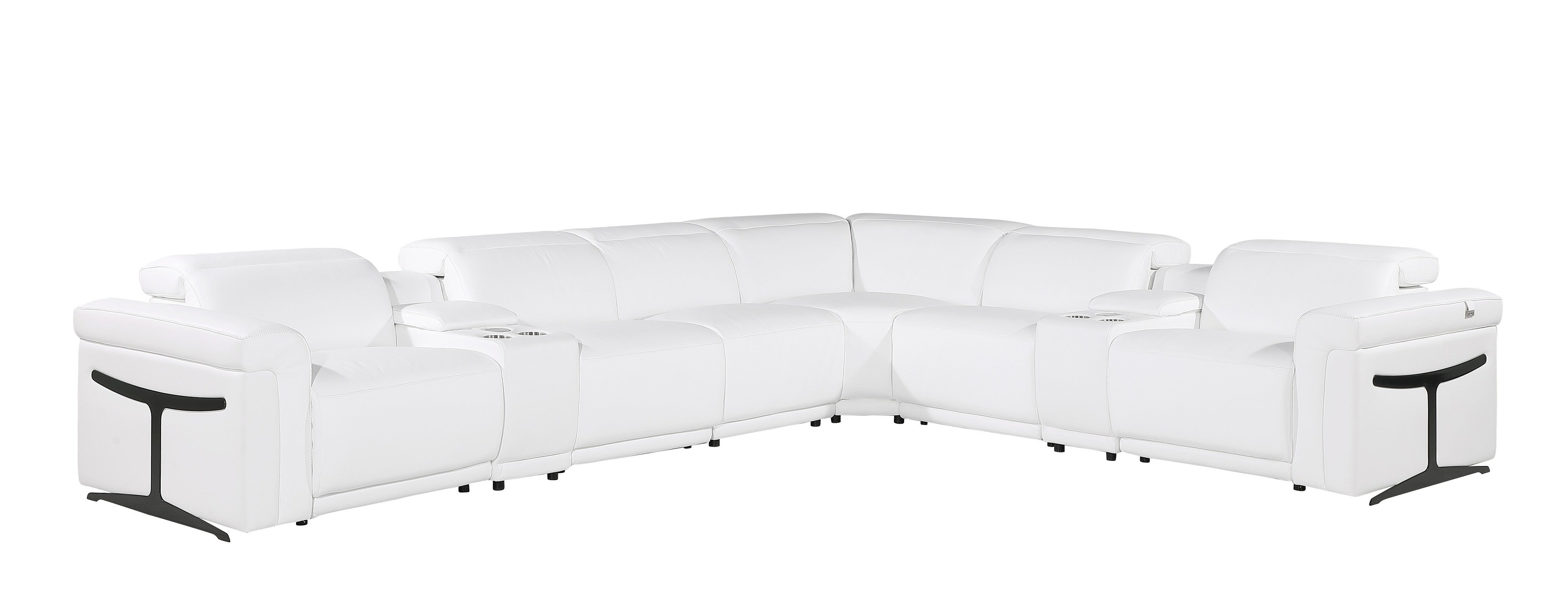 White Italian Leather Modular L Shaped Eight Piece Corner Sectional With Console