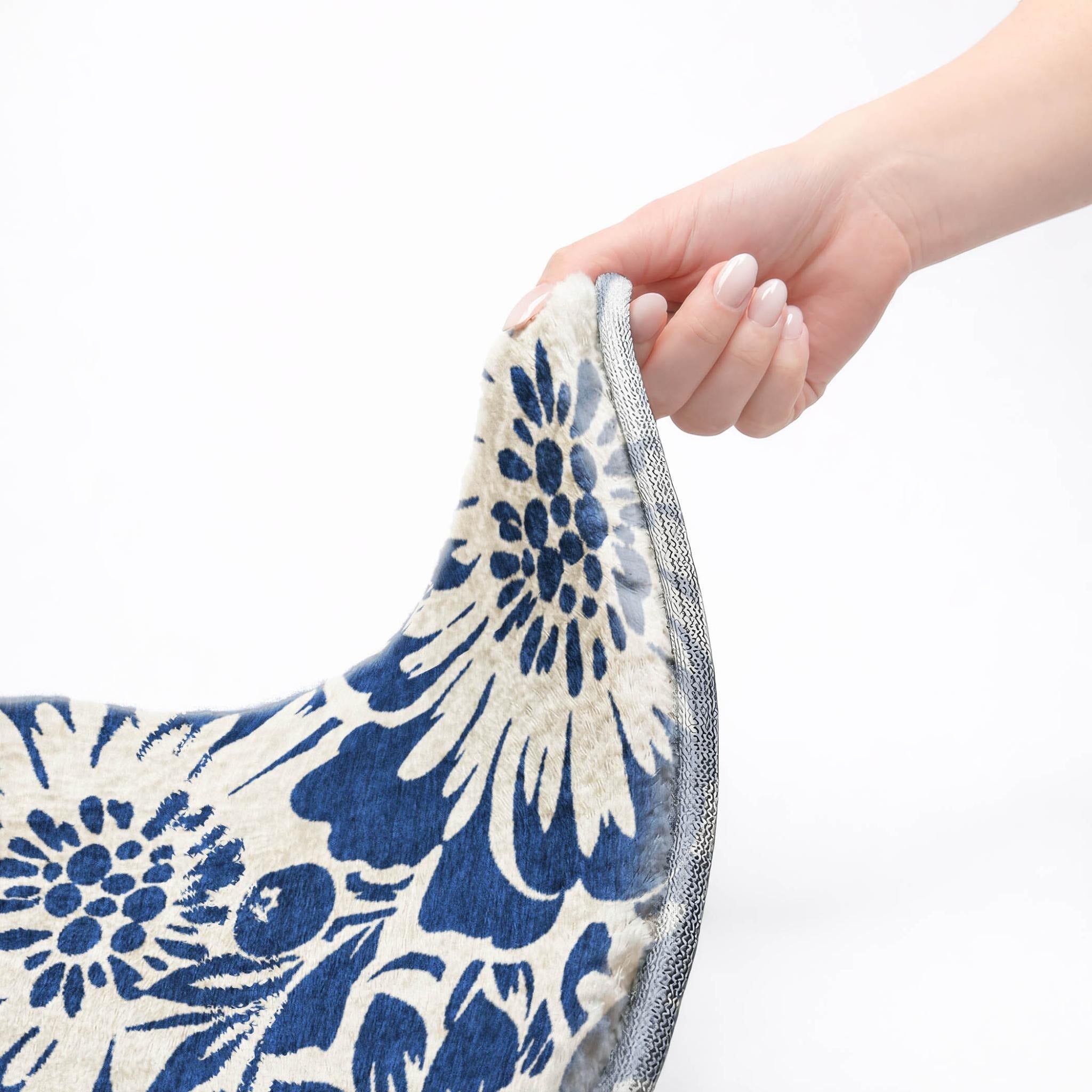 8' Navy Blue And Ivory Floral Shag Washable Round Rug With UV Protection - Home & Garden