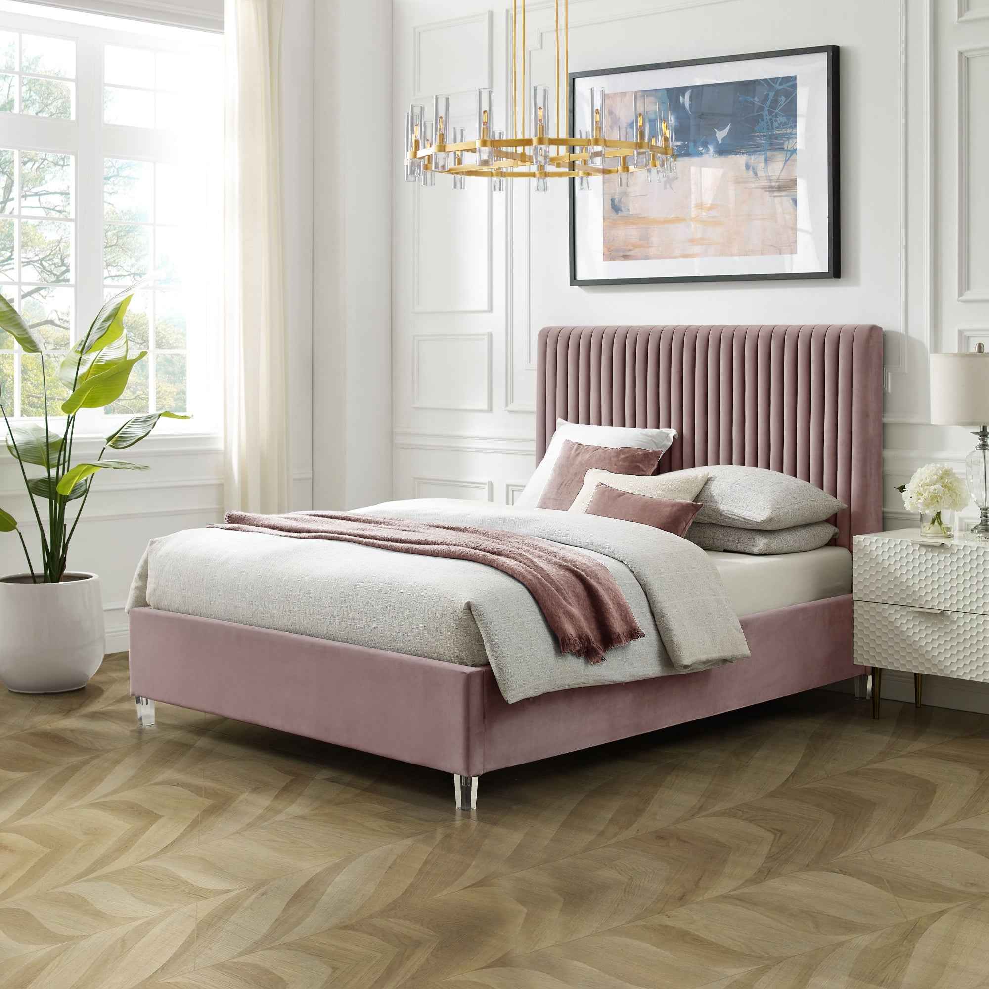 Blush Tufted Velvet Upholstered Queen Bed Frame