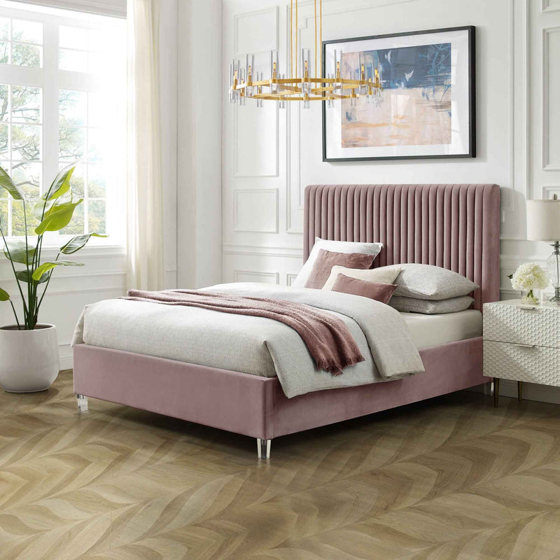 Blush Tufted Velvet Upholstered Queen Bed Frame