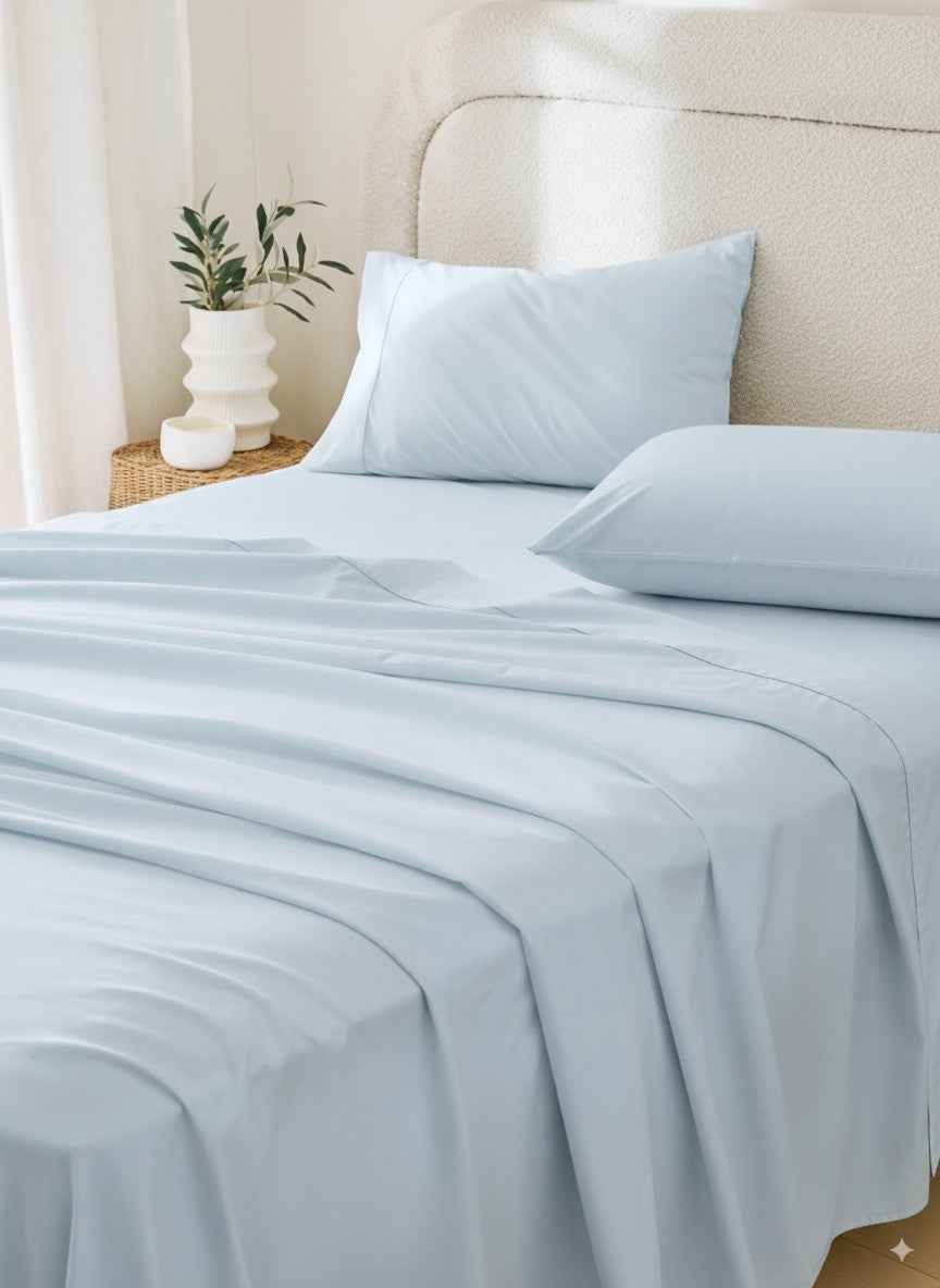 Four Piece Light Blue Cotton Queen Sheet Set