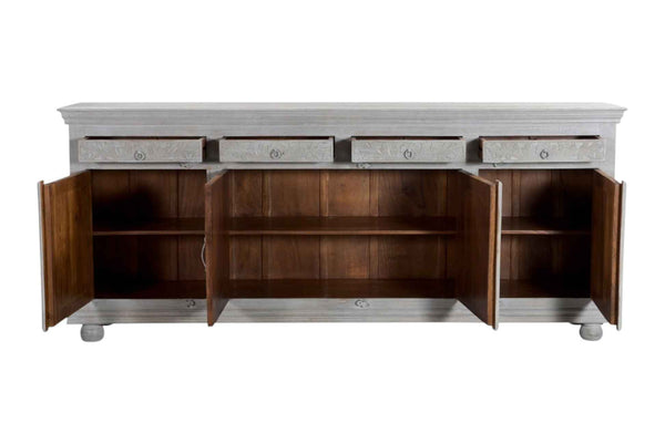 102" Gray Distressed Solid Wood Carved Floral Four Drawer Sideboard with Four Doors