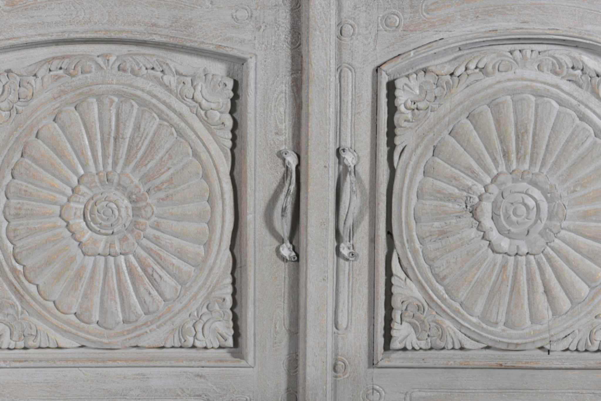 102" Gray Distressed Solid Wood Carved Floral Four Drawer Sideboard with Four Doors