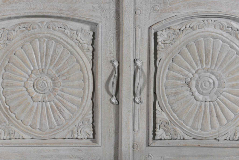 102" Gray Distressed Solid Wood Carved Floral Four Drawer Sideboard with Four Doors