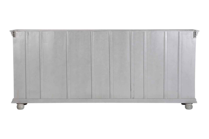 102" Gray Distressed Solid Wood Carved Floral Four Drawer Sideboard with Four Doors